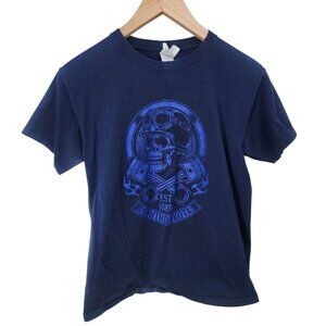 South Dakota Skull & Piston Graphic Tee‎ 100% Cotton Blue Youth Medium